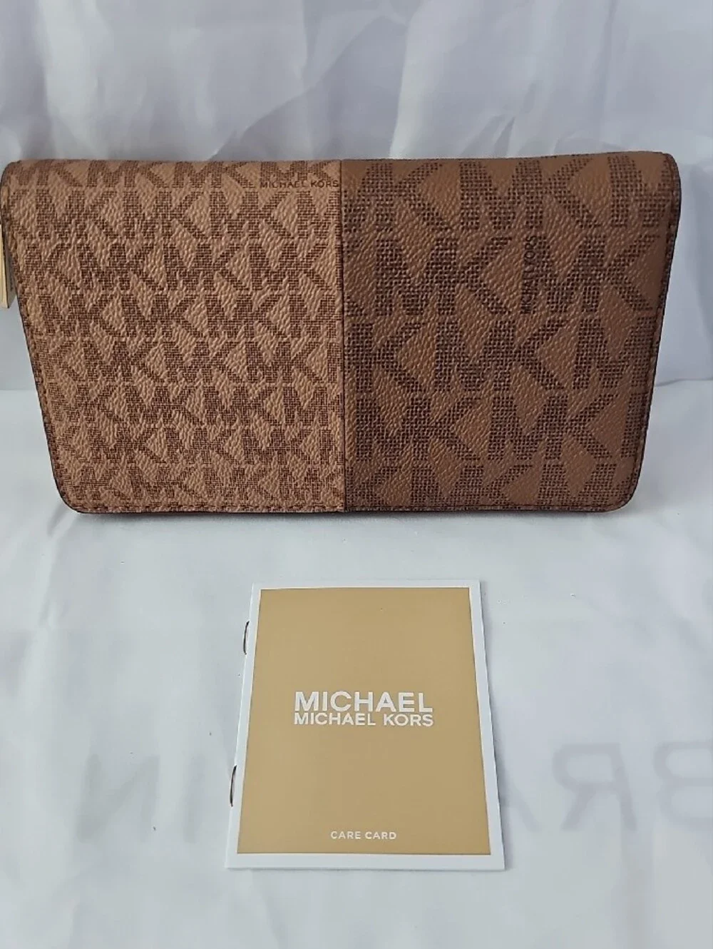 Michael Kors Brown MK Monogram Zip Wallet with Gold Hardware